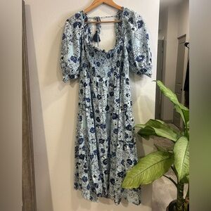 Ro’s Garden Blue Floral Smocked Cotton Midi Dress Puff Sleeve L